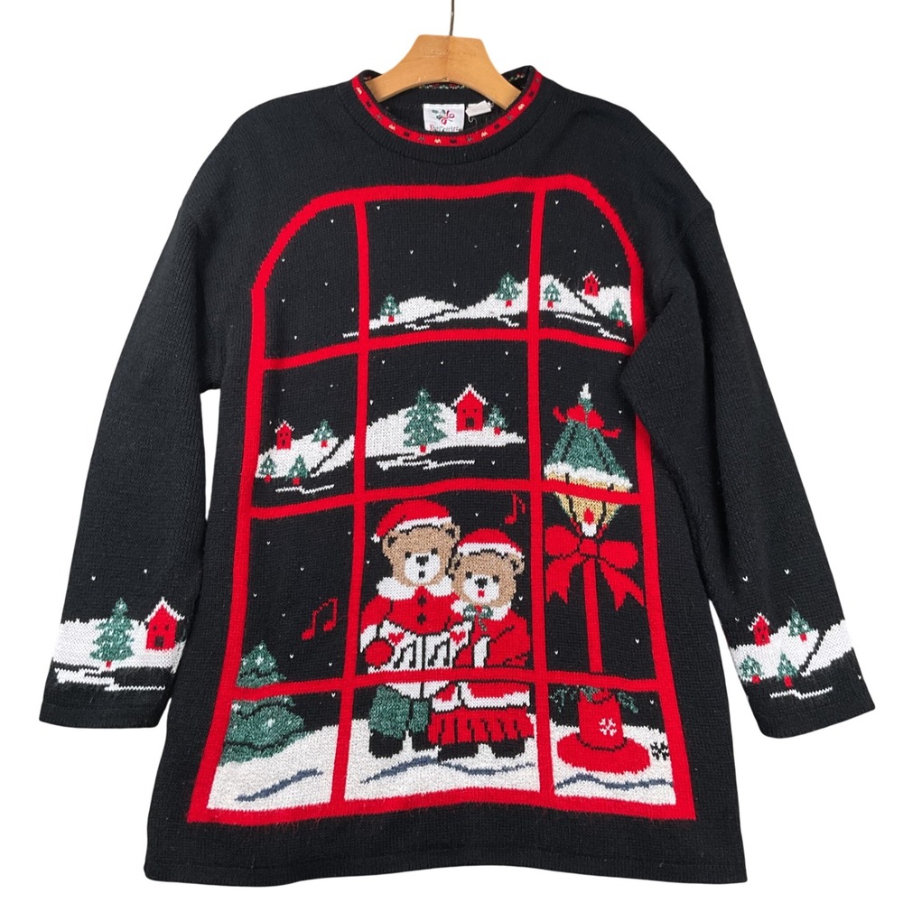 Vintage NutCracker Christmas Sweater Bears Caroling Window Scene‎ Black Medium